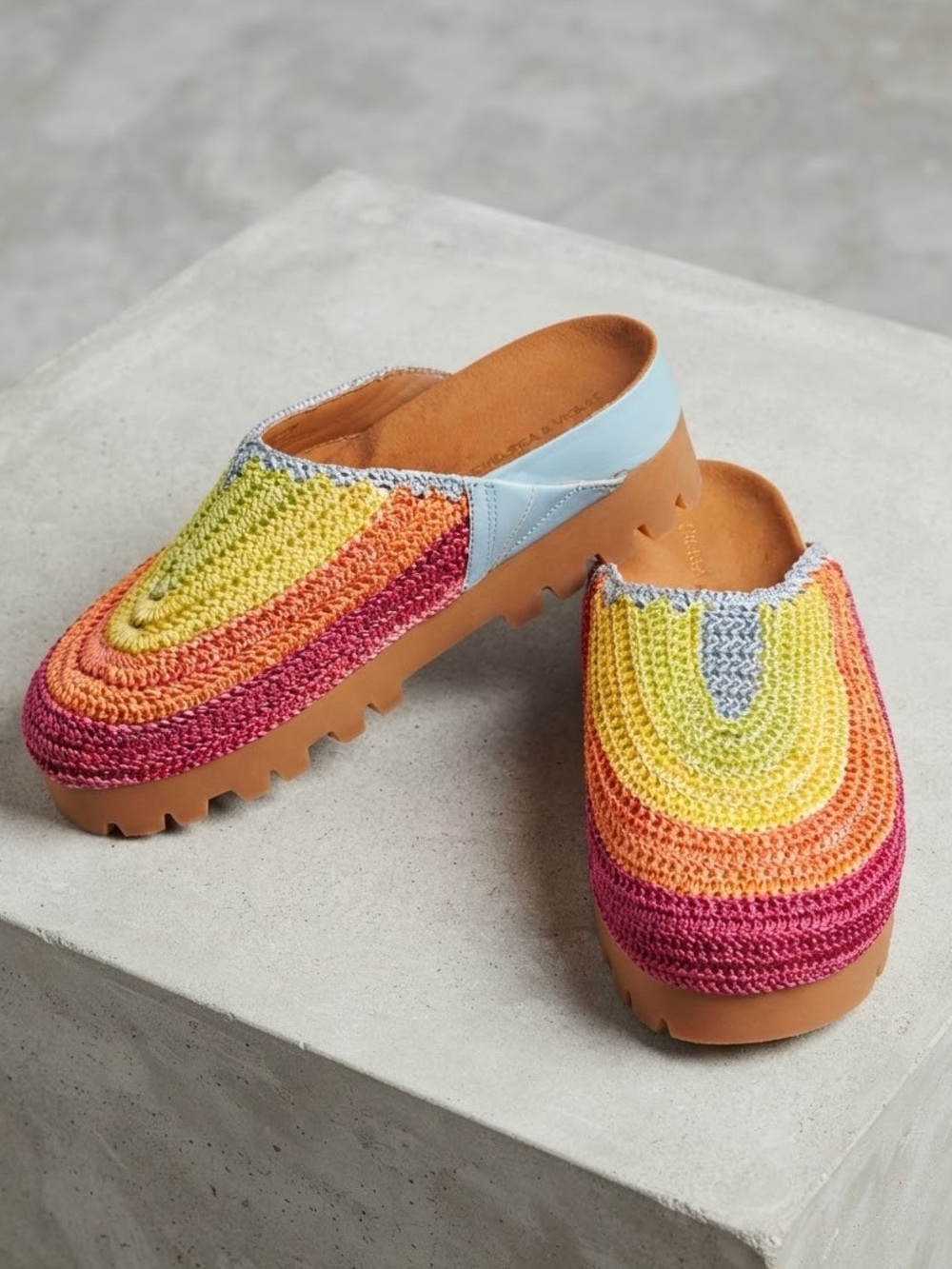 Chelsea & Violet Rainbow Crochet Slip-On Clogs with Light Blue Trim